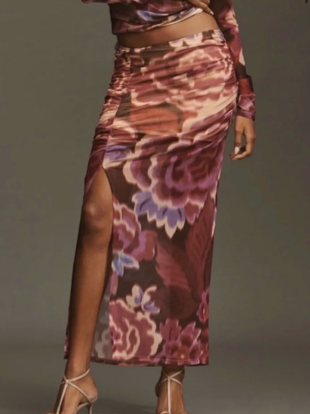 Maeve Anthropologie Floral Ruched Midi Skirt - Purple Multi Fully Lined, Size XS